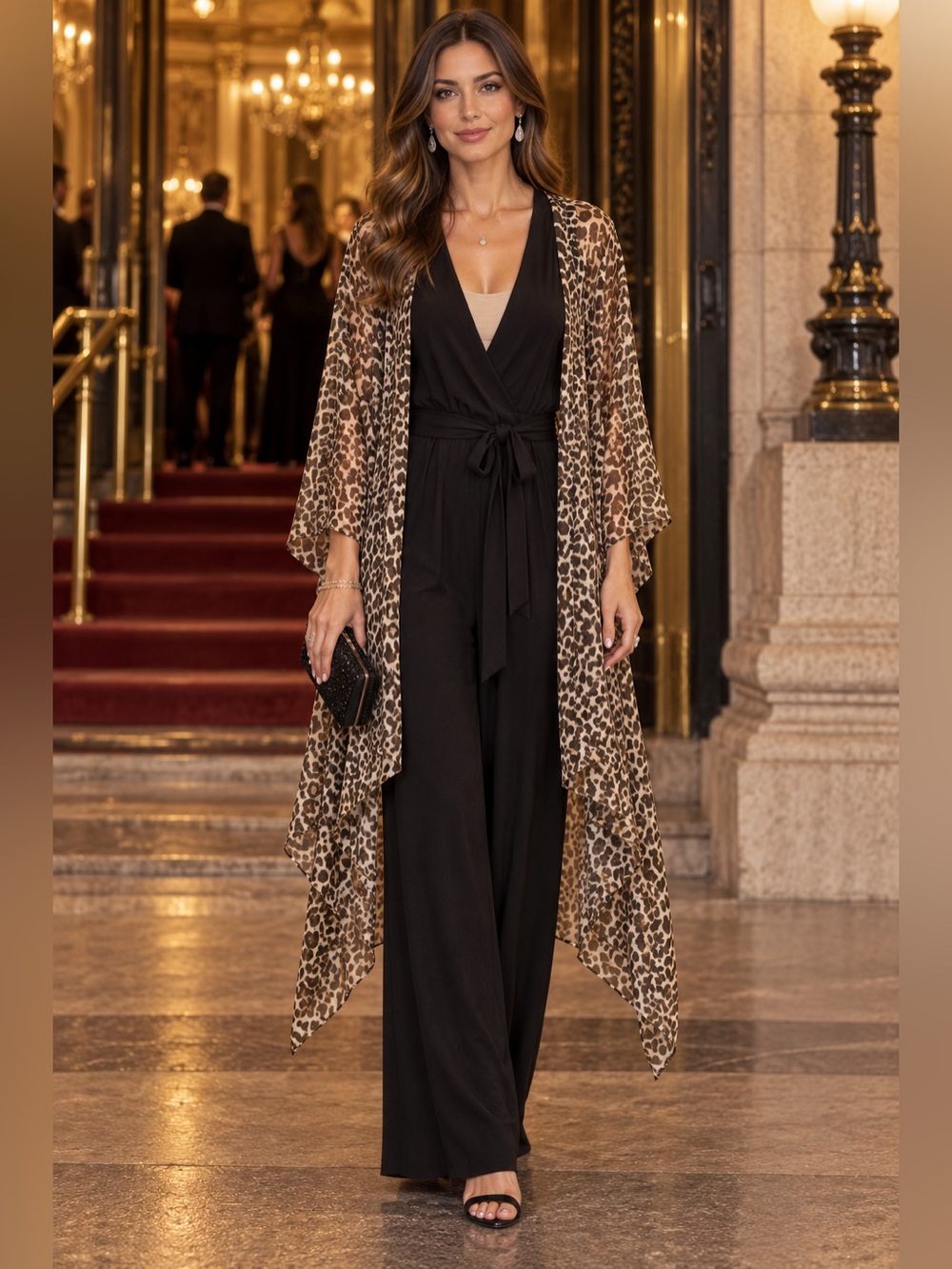 H253 Easel L Leopard Print Open-Front Duster Kimono Jacket Brown